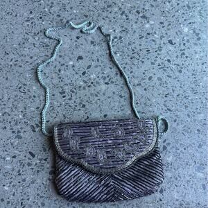 La Regale Vintage Beaded Evening Bag Black Silver Paisley Crossbody Flap Clutch